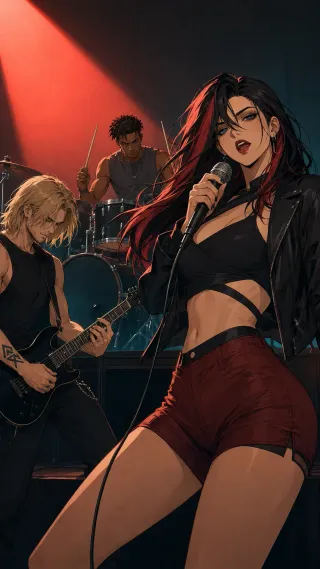 Encore at Midnight: Raven sings beside Jace on guitar, with Miles playing drums behind them.