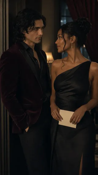 Velvet After Midnight: Adrian and Vivienne exchange a knowing glance beside a midnight gala.